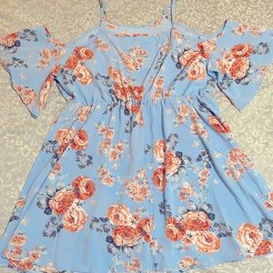 Blue and Floral cut out shoulder blouse, plus size